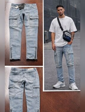 Boohooman Light Wash Cargo Skinny Jeans – Multi-Pocket, Zipper Hem!